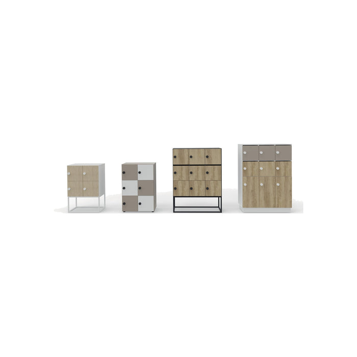 Casiers Simio Buronomic en bois et blanc, quatre modèles de 4 à 12 cases alignés sur fond blanc