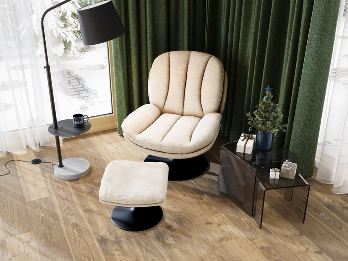 Fauteuil Lisboa en tissu blanc cassé, piétement acier noir – vue d'ensemble