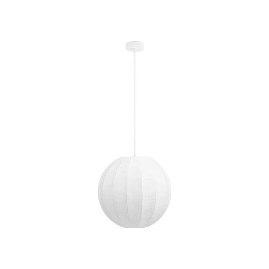Suspension Lita blanche en forme de boule plissée, avec câble blanc et rosace, sur fond blanc